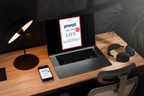 Workbook Prompt up your Life auf Laptop und Smartphone – digitale Version für Selbstreflexion, Zukunft entwerfen und Lebensplanung mit KI-Impulsen.